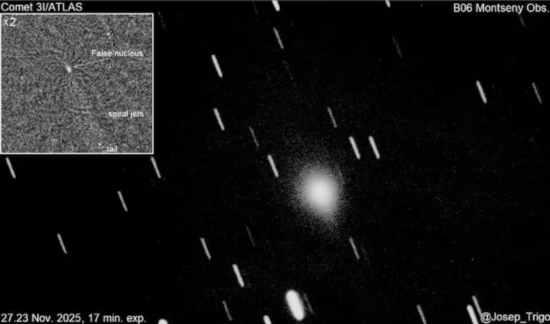 Imagen de 3I/Atlas y las presuntas erupciones criovolcánicas difundida por el científico Trigo-Rodríguez.