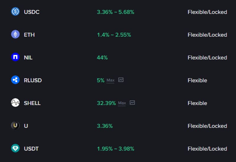 Los rendimientos que reporta actualmente Binance para sus depósitos Simple Earn.