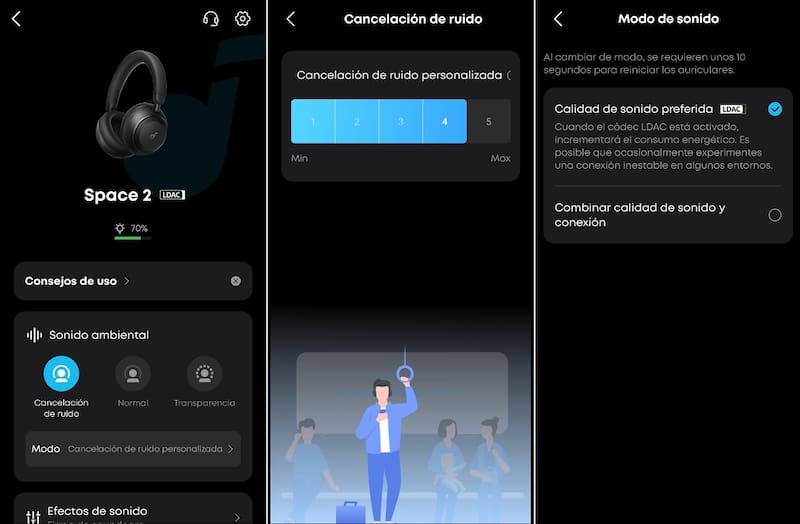 Tres vistas de la app de Soundcore: selección de cancelación de ruido, configuración del nivel de cancelación y selección de códec Bluetooth de alta calidad LDAC.