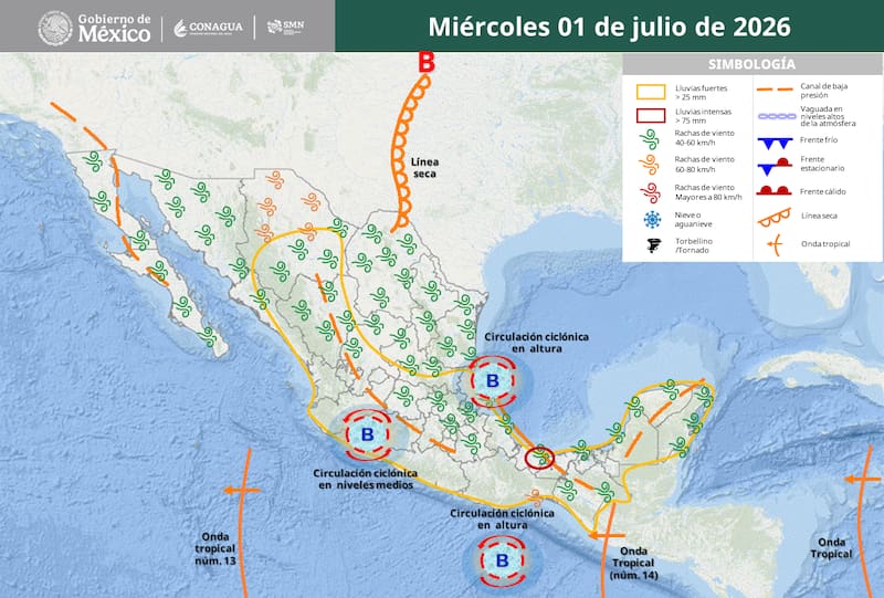 El pronóstico del tiempo para el miércoles 1 de julio en la República Mexicana. (Foto: SMN)