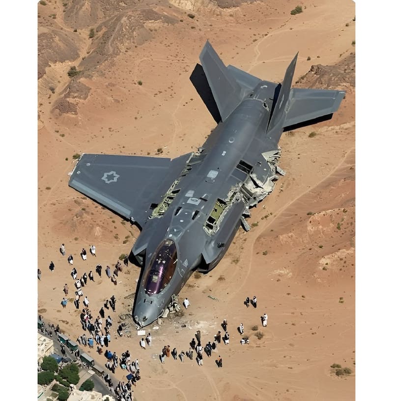 La imagen fabricada del presunto avión F-35 derribado que circuló en redes y web.