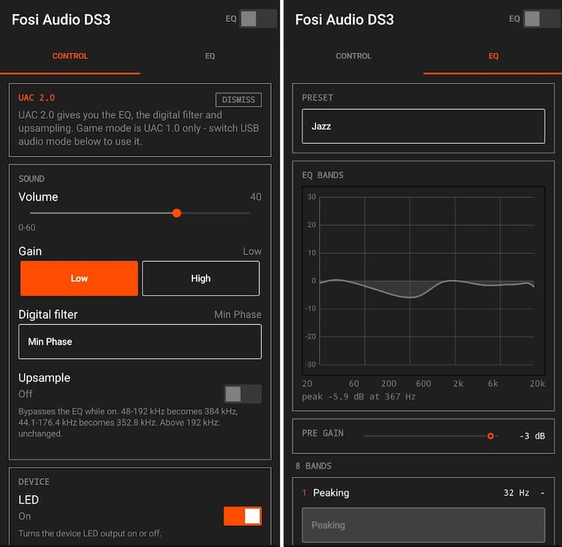 Dos pantallas de la app móvil específica de Fosi Audio para el DAC portátil DS3.