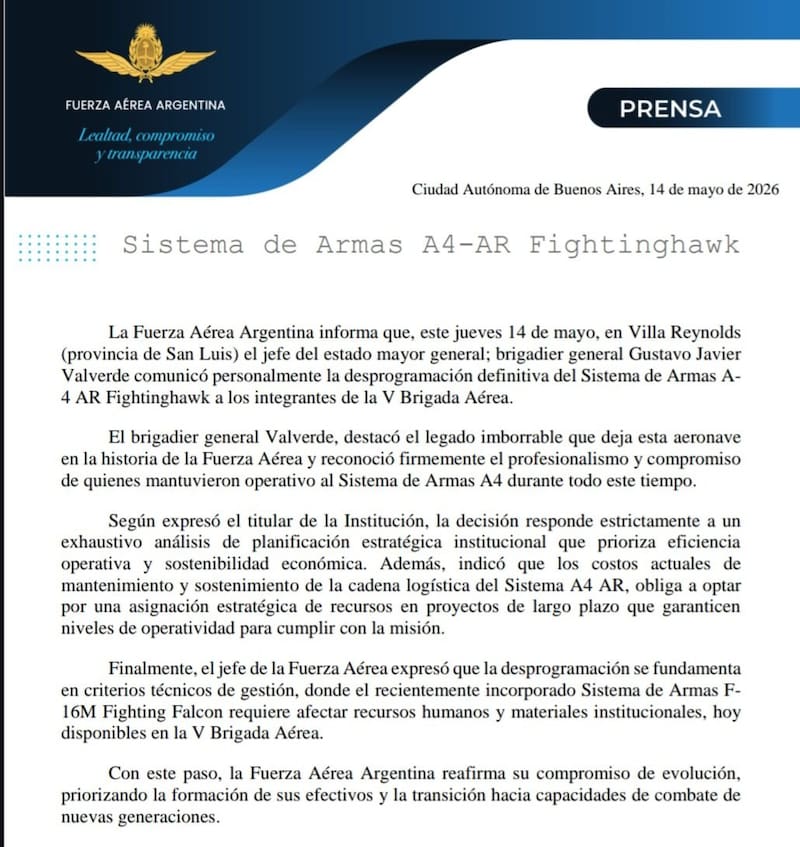 El comunicado mediante el que la Fuerza Aérea anunció la baja del A-4AR.