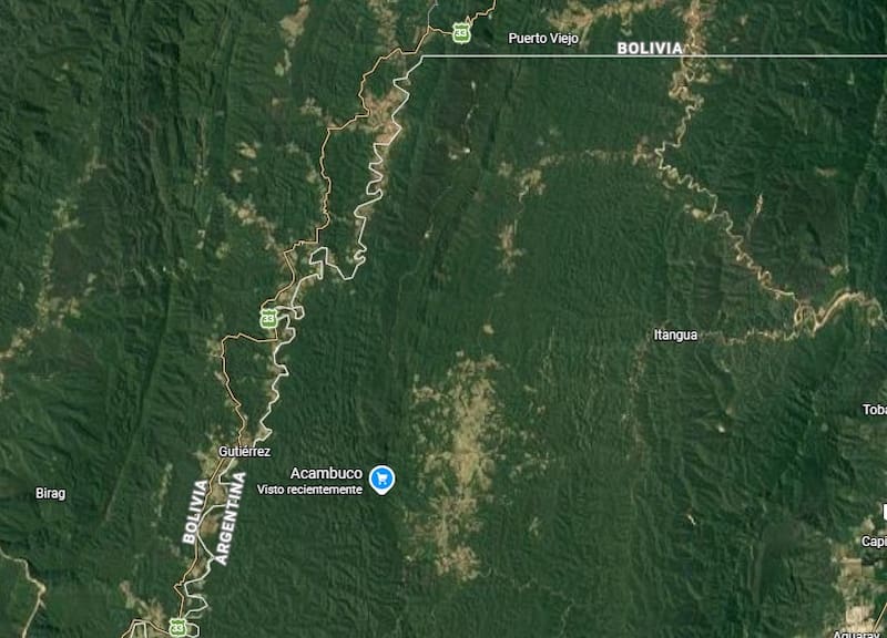 La formación de Los Monos se encuentran debajo de la reserva de Acambuco, en Salta, y también abarca zonas de Bolivia. Fuente: Google Maps.