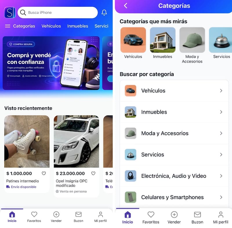 Dos pantallas de la app de Salame.