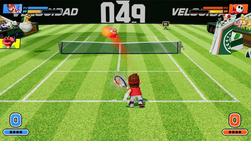 Mario vs. Shy Guy en el modo Torneo de Mario Tennis Fever.