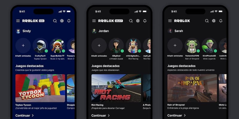 Roblox Kids, Select y la cuenta estándar para mayores de 16 años.