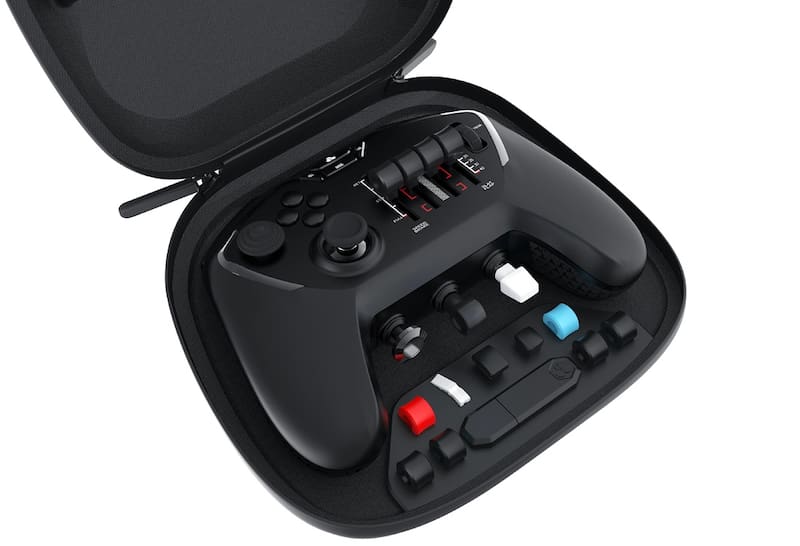 El Honeycomb Echo Aviation Controller viene en un estuche con piezas para personalizar las palancas de control.