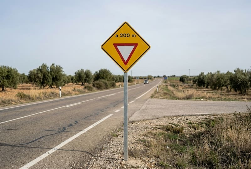Señal vial preventiva en ruta que advierte sobre la proximidad de una restricción de paso a 200 metros.