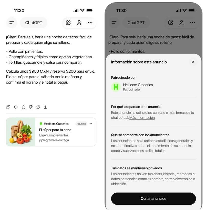 El usuario puede obtener información sobre el anuncio e, incluiso, decidir quitarlo.