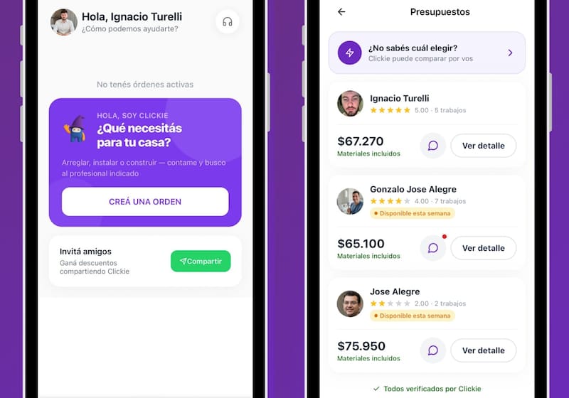 La app Clickie permite solicitar un servicio para el hogar, obtener presupuestos y calificar a los técnicos.