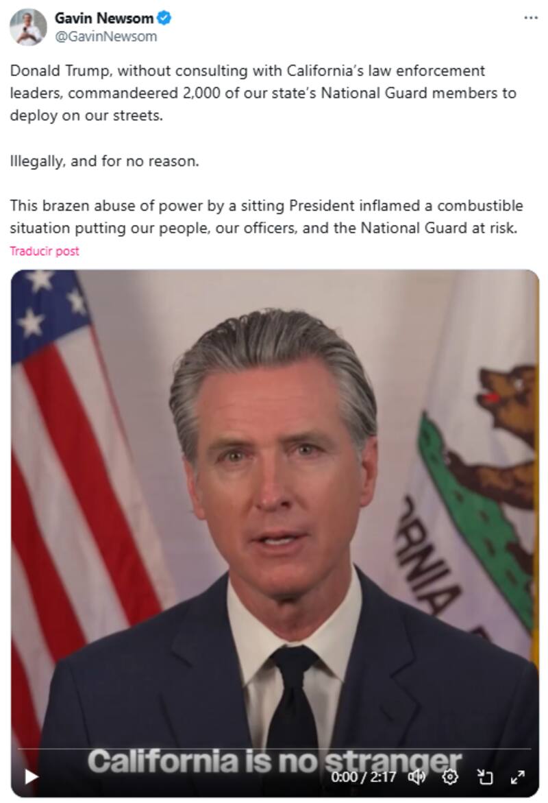 La gestión de Trump fue calificada como abuso de poder por Newsom (Foto: @GavinNewsom)