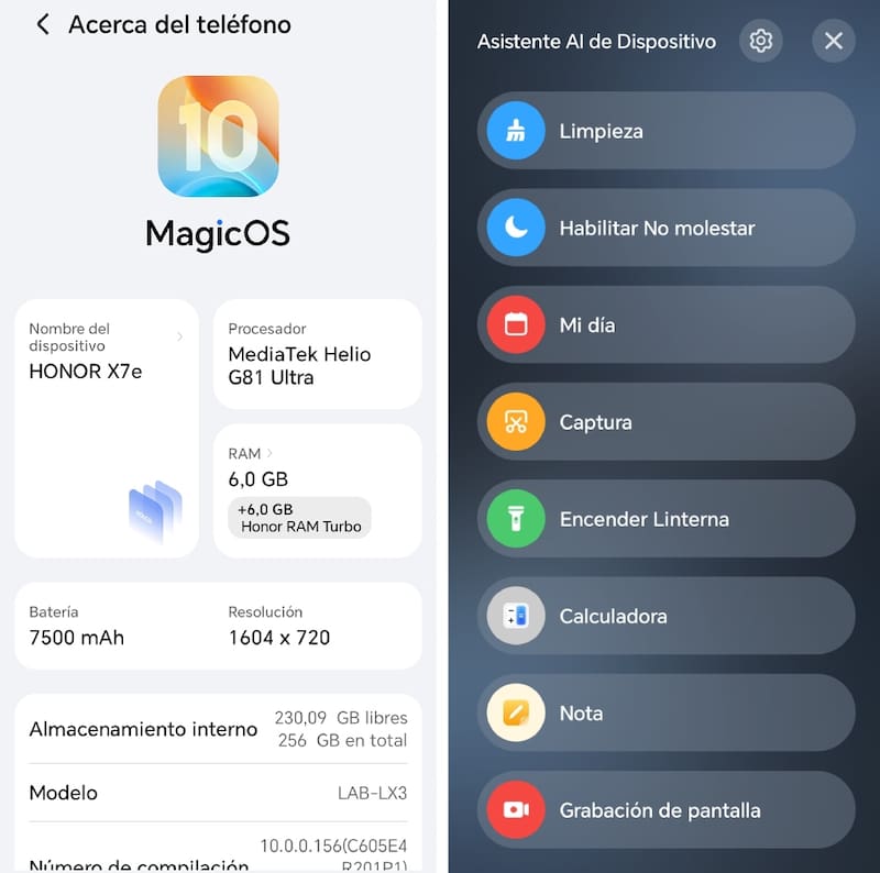 Dos pantallas del HONOR X7e. La primera muestra las especificaciones básicas. La segunda es el menú configurable que surge al presionar el botón de IA.