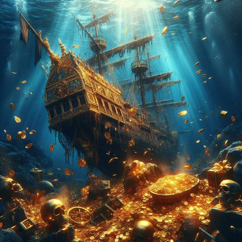 Representación de un barco con oro. Fuente: Bing AI.