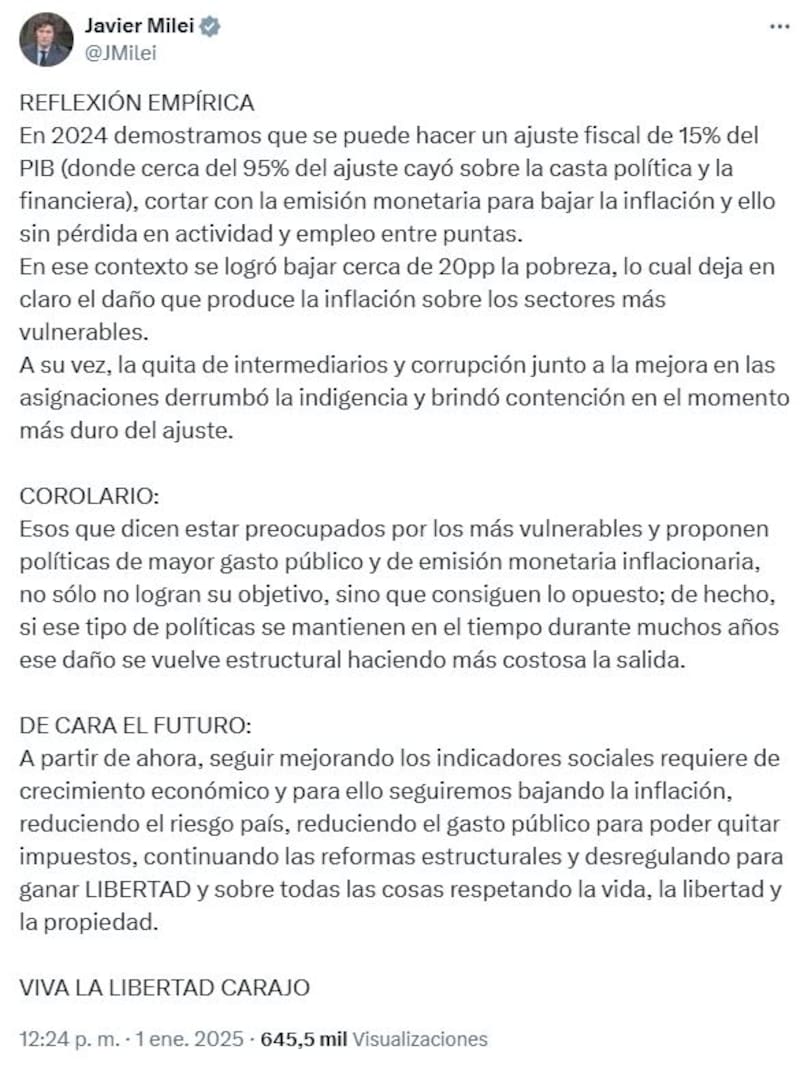 El mensaje de Javier Milei en X.
