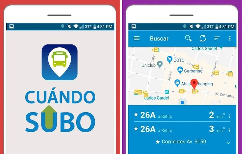 Dos pantallas de la app Cuándo SUBO para saber cuándo llega el colectivo.