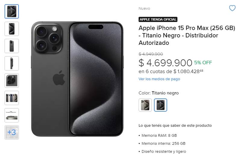 "Apple tienda oficial" vende el iPhone 15 Pro Max a un precio muy superior al del modelo nuevo en EE.UU.