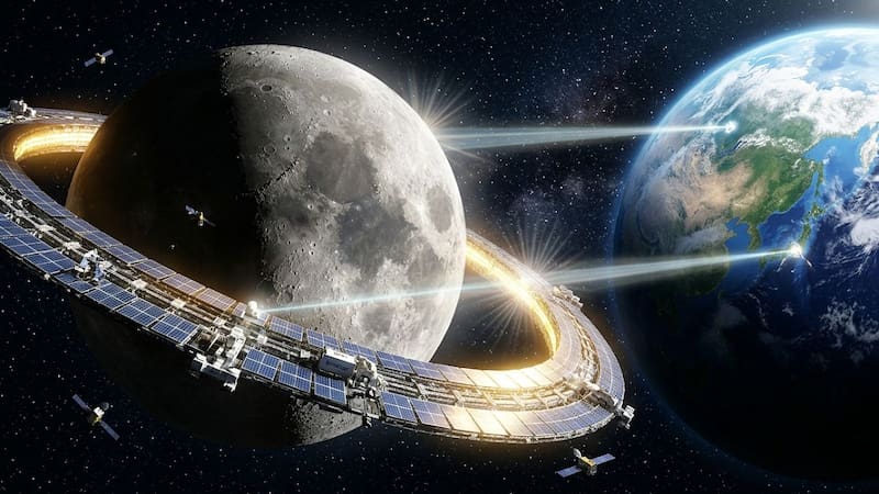 La energía recolectada por el anillo de paneles solares se transmitirá a la Tierra mediante microondas o láser.