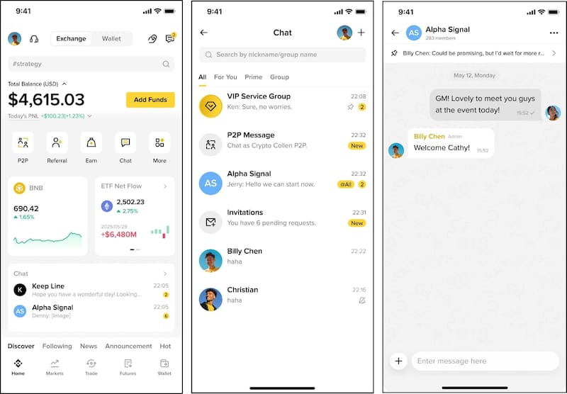 Binance Chat permite a los usuarios conectarse con amigos y familiares, unirse a conversaciones, compartir contenido, gestionar activos y mover cripto sin tener que cambiar entre aplicaciones.