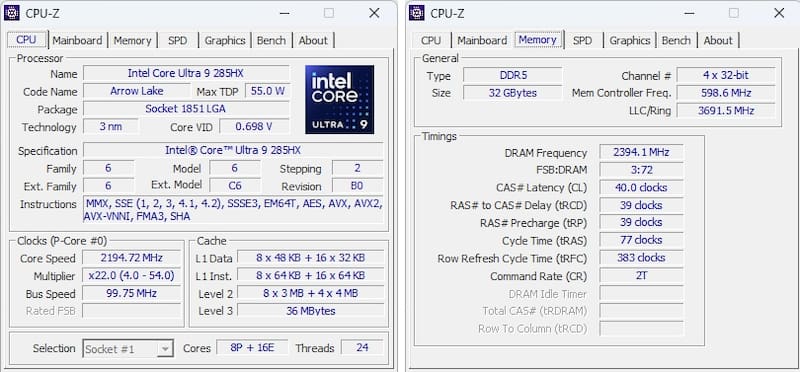 Los detalles del procesador y la memoria en el software CPU-Z.