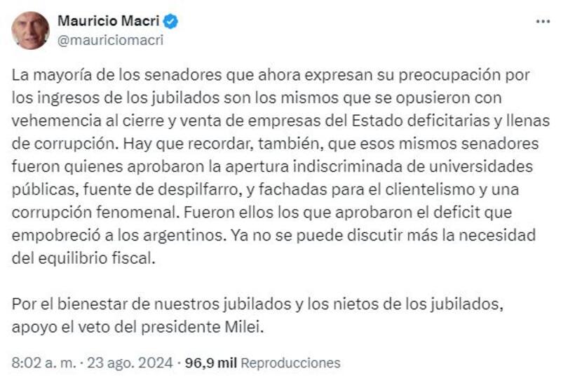 El posteo de Macri en X