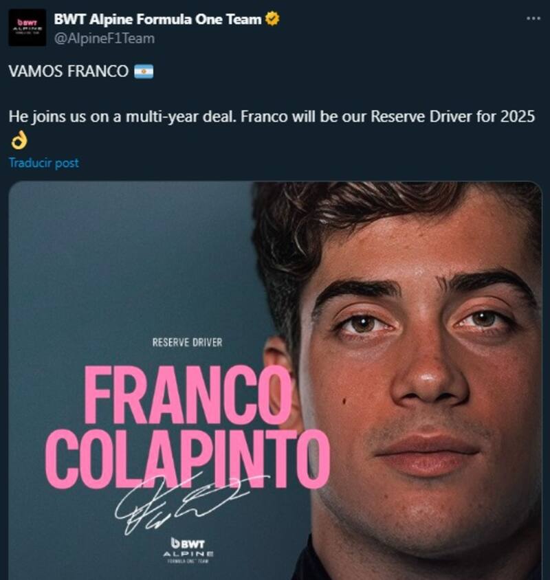 Confirmado: Franco Colapinto será piloto de reserva de Alpine