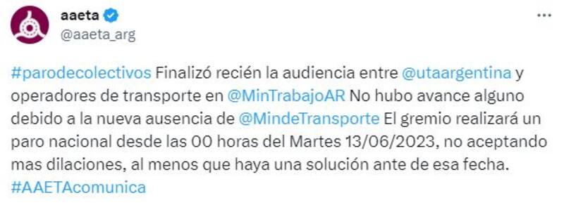 El tuit de AAETA responsabilizando el 8 de junio al Ministerio de Transporte por su ausencia en la conciliación.