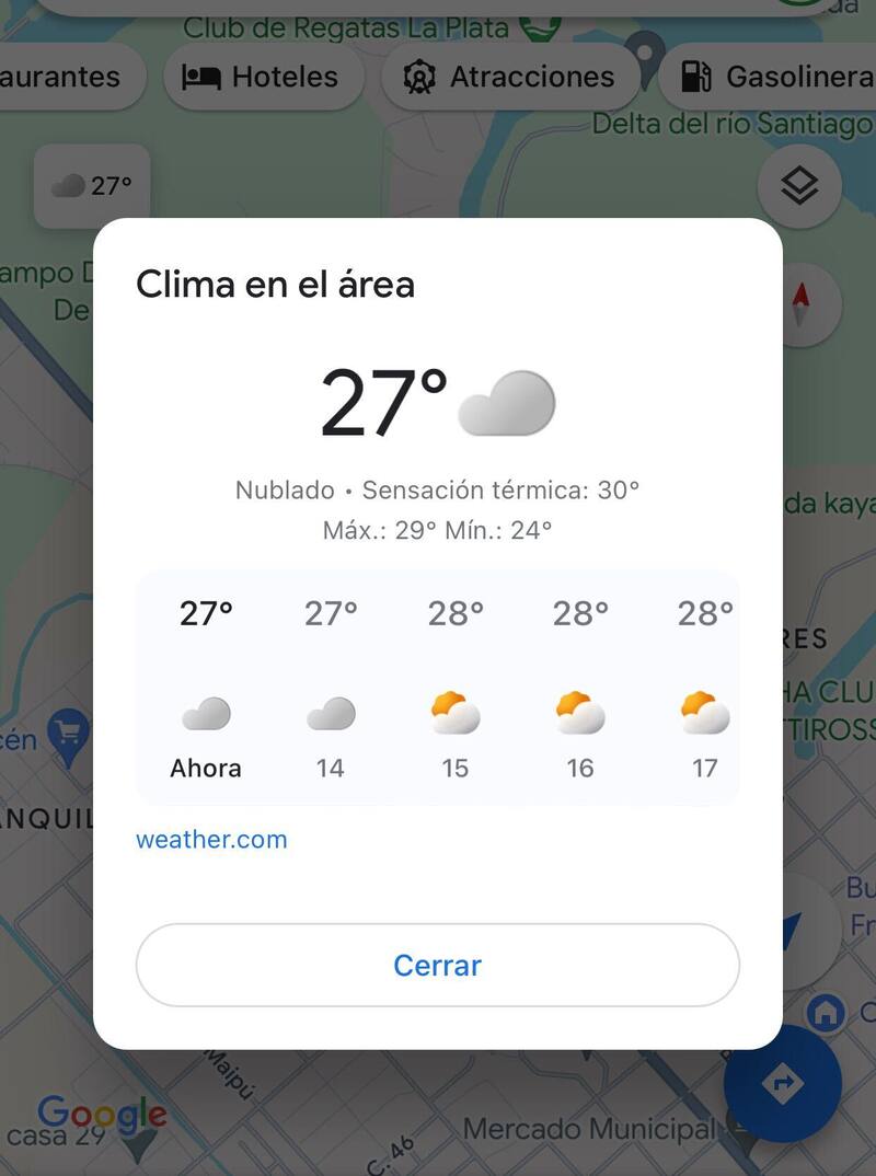 Esta función permite ver el estado del clima en las ciudades. (Fuente: captura Google Maps).