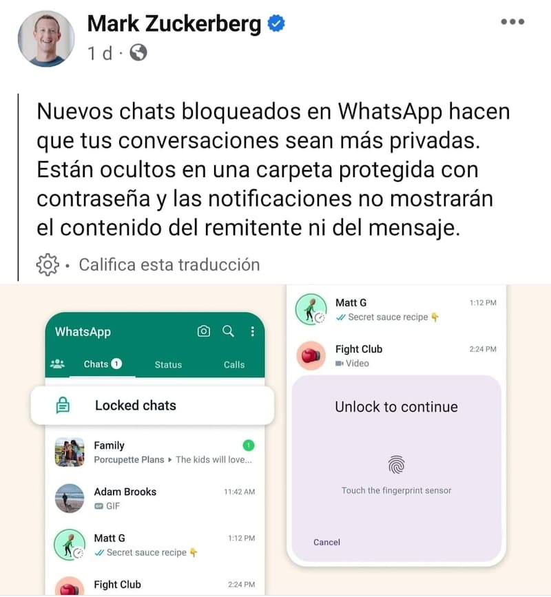 Publicación de Mark Zuckerberg en su cuenta personal de Facebook.