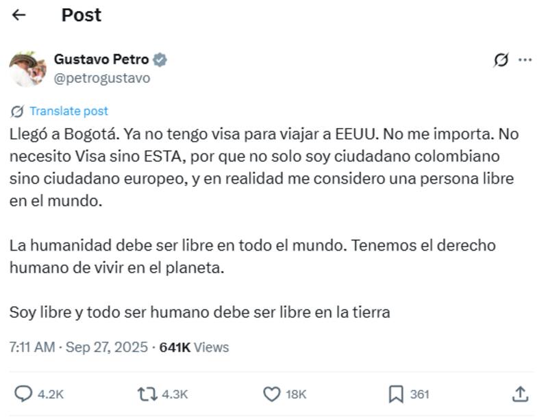 El presidente colombiano, Gustavo Petro, le responde al Gobierno de los Estados Unidos por anular su visa. (Imagen: Captura de pantalla de X).