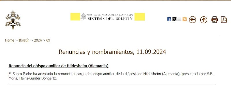 Captura de pantalla del comunicadol de la Prensa del Vaticano. Fuente: Prensa el Vaticano.