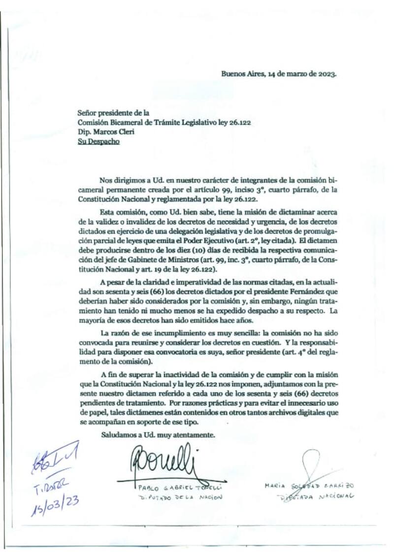 Juntos por el Cambio le exigió a Cleri que reúna a la bicameral que debe dictaminar los DNU.