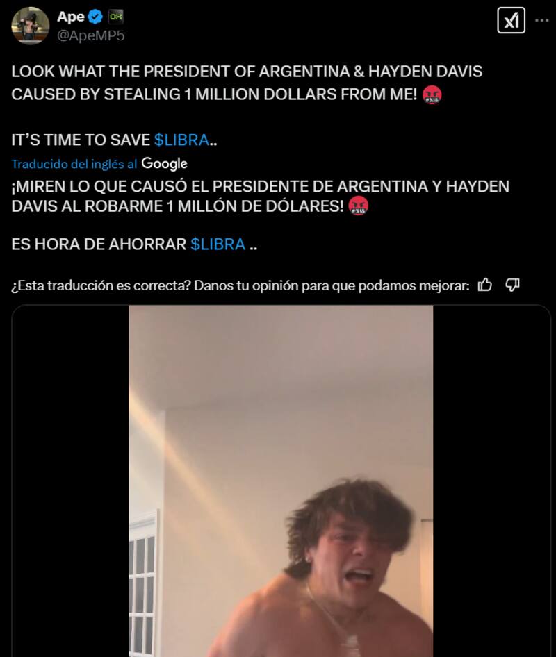 La reacción del influencer al darse cuenta que había perdido u$s 1 millón (Captura X).