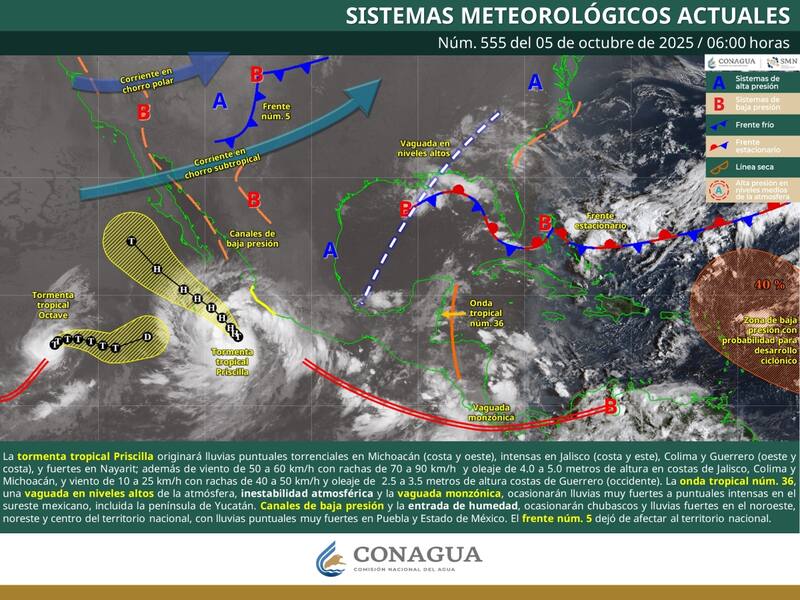 El pronóstico del tiempo en México durante el domingo 5 de octubre. (Foto: SMN)