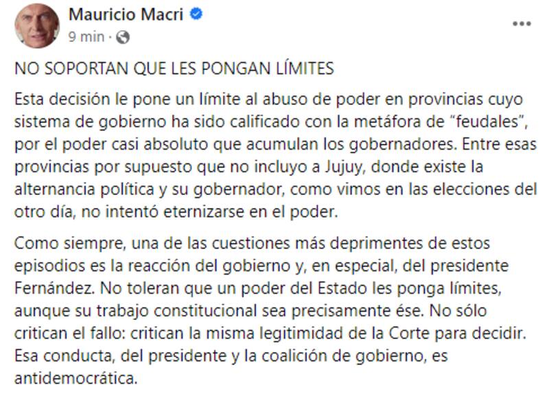 Un fragmento de la carta de Mauricio Macri publicada este miércoles. (Captura)