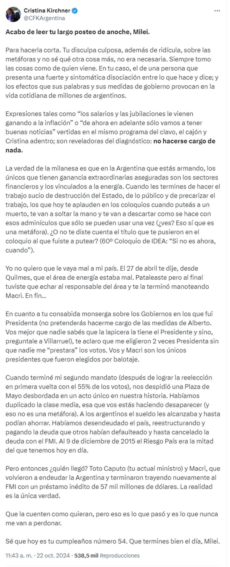 El posteo completo de Cristina Kirchner