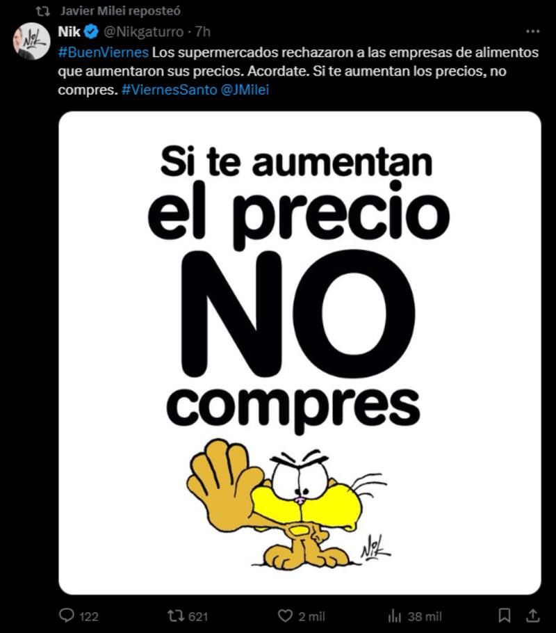 El posteo de Nik que compartió Milei.
