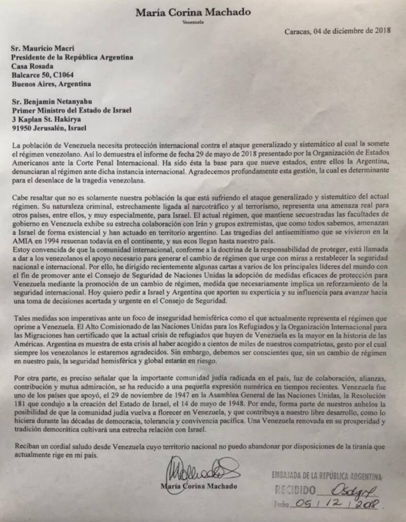 La carta que escribió María Corina Machado al ministro israelí y al expresidente argentino en 2018. (Imagen: X @MariaCorinaYA).