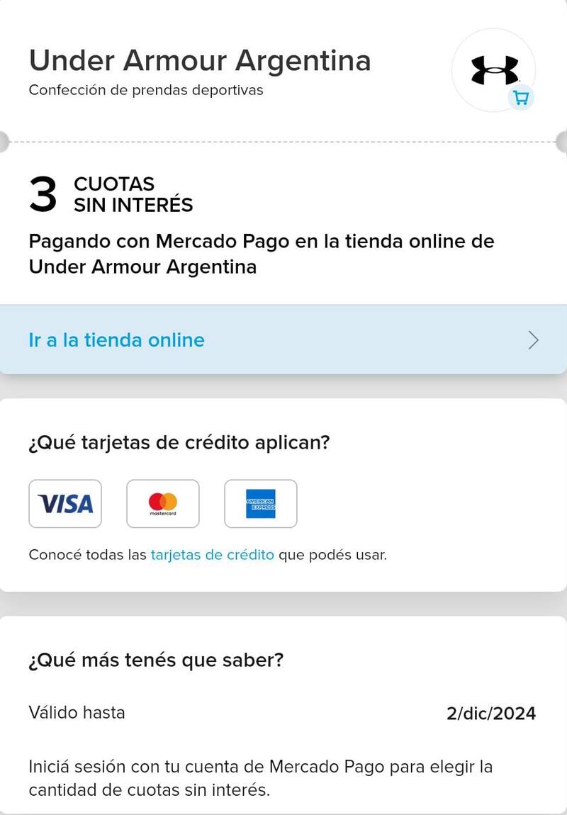 Under Armour es una de las opciones que encontrás en Mercado Pago con 3 cuotas sin interés. (Fuente: Captura Mercado Pago)