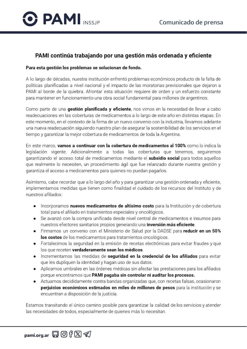El comunicado oficial del PAMI sobre el cambio en los medicamentos gratuitos.