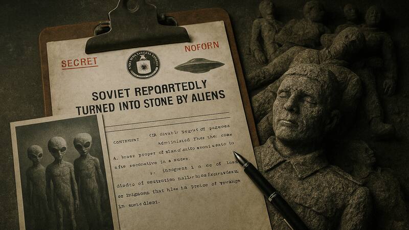Documento desclasificado de la CIA afirma que 23 soldados soviéticos fueron transformados en piedra por alienígenas. Imagen creada por IA.