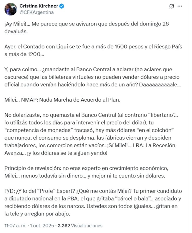El mensaje que publicó Cristina en su cuenta de X