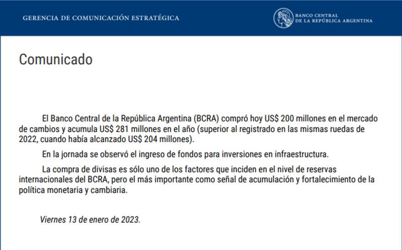 El comunicado del Banco Central sobre la compra de divisas de este viernes. (Captura)