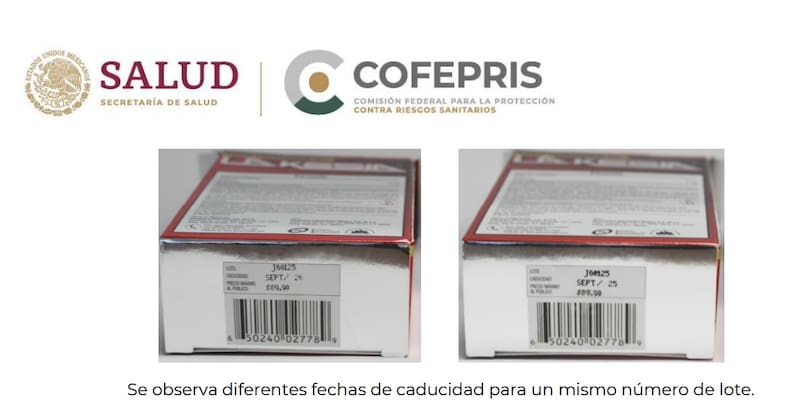 Imágenes de la caja del medicamento falsificado. Fuente: COFEPRIS.