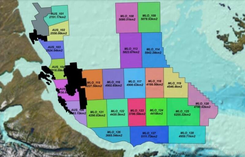 Mapa de áreas petroleras en la Cuenca Malvinas Oeste, a unos kilómetros de las Islas