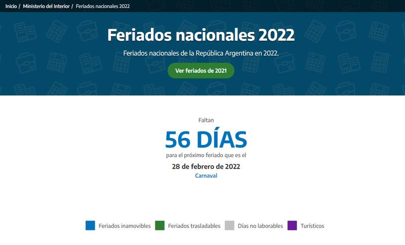 La página actualizada, con los 56 días que faltan hasta el feriado de carnaval