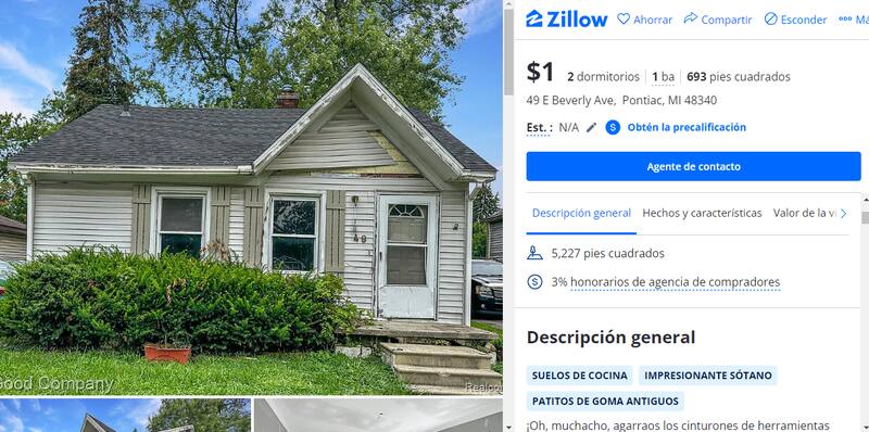 La publicación donde se ofrece la casa a un dólar. Foto: captura sitio de ventas Zillow