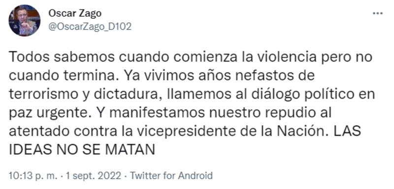 El tuit del legislador de La Libertad Avanza, Oscar Zago.
