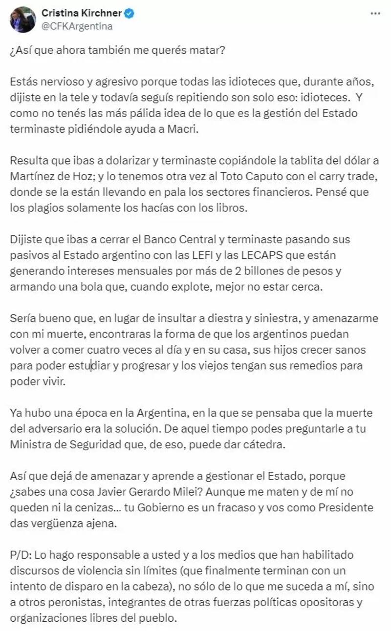 La respuesta de CFK a los dichos de Milei sobre el ataúd del kirchnerismo.