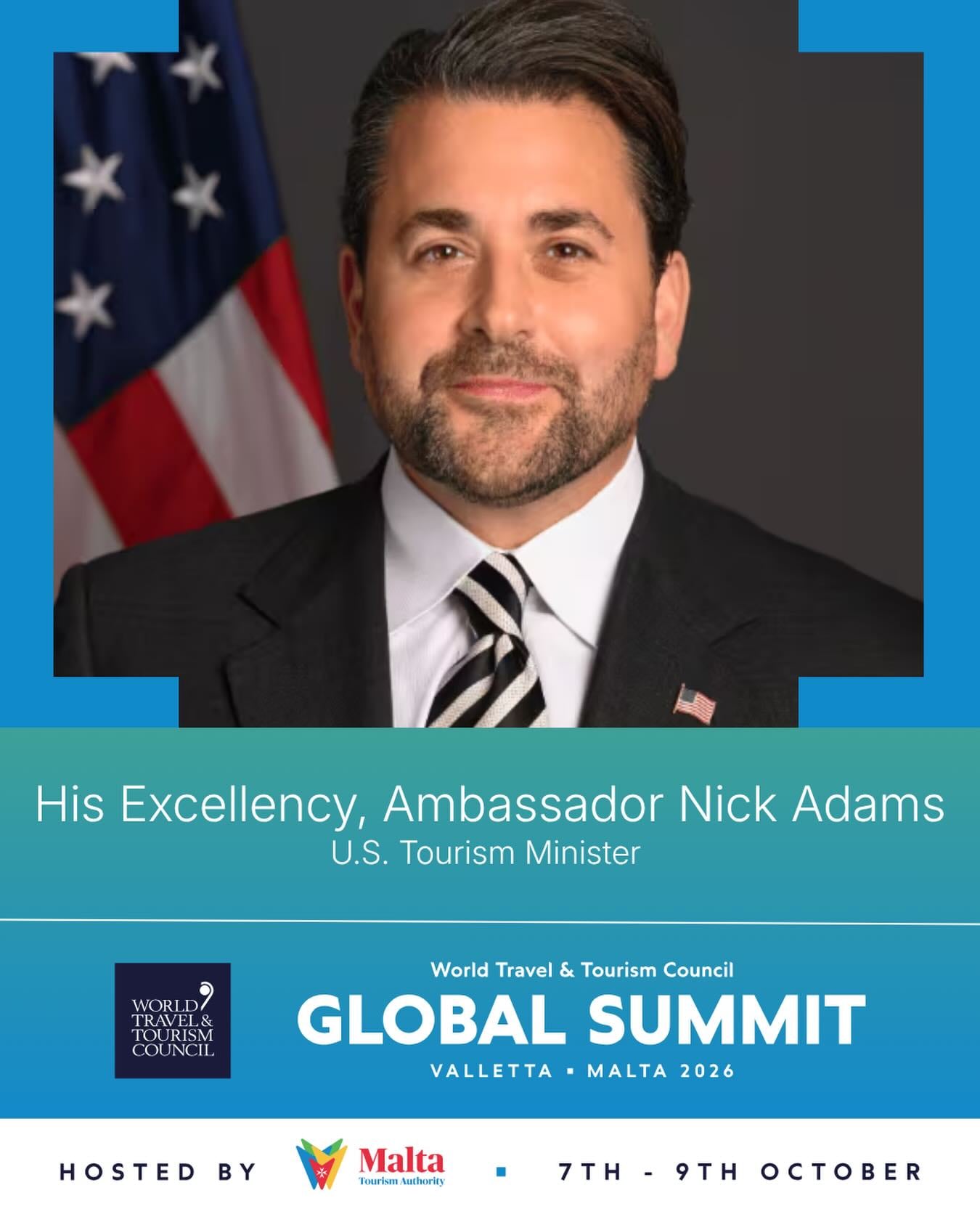 Nick Adams, enviado presidencial de Estados Unidos para el turismo, también estará presente.